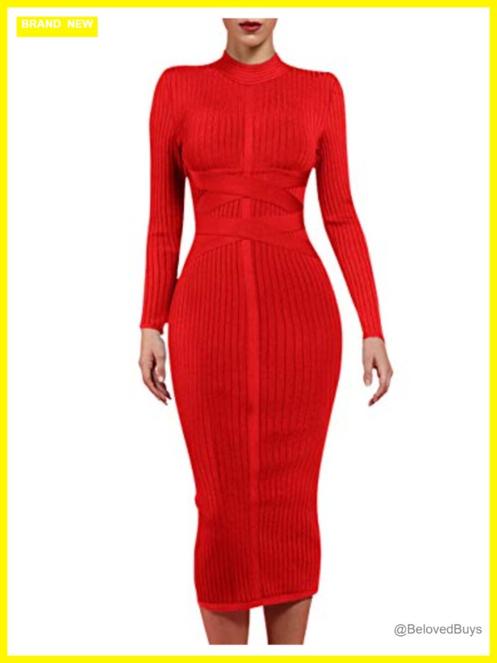 Ribbed Bandage Bodycon Midi Dress Long Sleeve High Neck Party